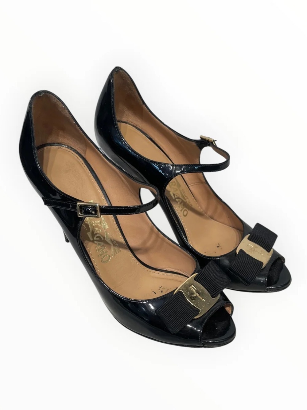 Salvatore Ferragamo Black Patent Mary Jane Heels with Bow and Gold Plaque